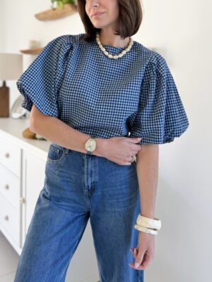 blouse vichy bleue manches courtes bouffantes encolure ronde