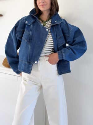 Veste en jeans coupe bomber - manches longues et col montant