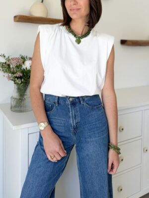 Tee-shirt blanc épaulettes coton et encolure ronde