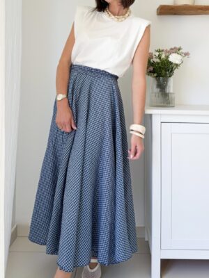 jupe longue imprimée vichy bleu