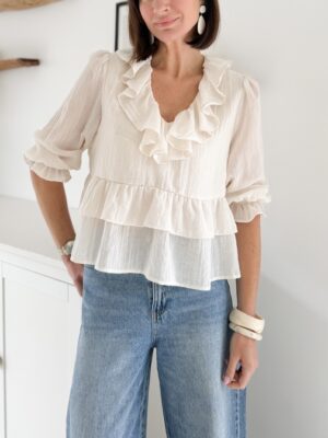 blouse à volants écrue col V manches mi longues