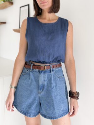 top en lin sans manches taille élastique bleu marine