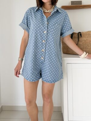 combi short manches courtes denim bleu pois blancs col classique