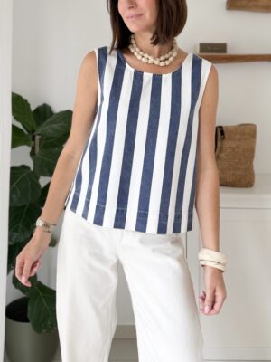 top sans manches col rond larges rayures bleues et blanches