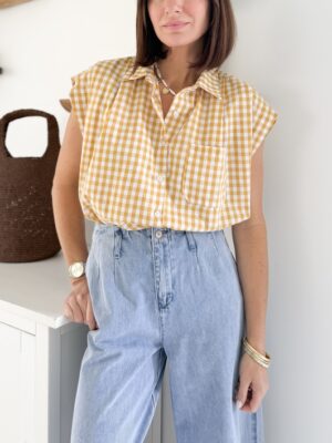 chemise sans manches imprimé motif vichy jaune et blanc