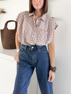chemise sans manches col classique imprimé motif vichy marron chocolat et blanc