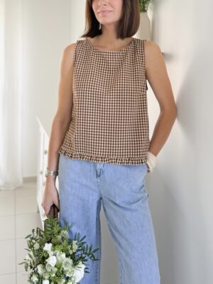 blouse sans manches imprimé vichy marron chocolat