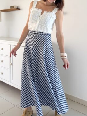 jupe longue imprimé à motif vichy bleu marine et blanc