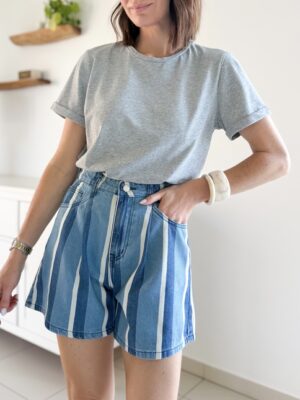 short en jeans bleu rayé taille haute coupe trapèze