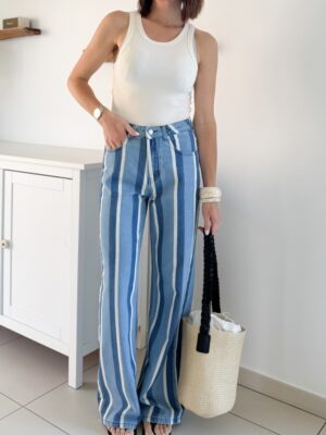 jeans bleu rayé coupe wide taille haute