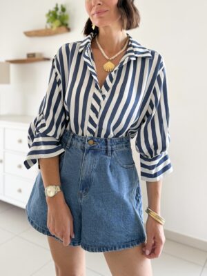 Chemise à rayures larges bleu marine viscose col classique