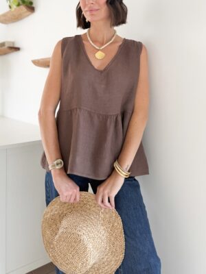 Blouse marron chocolat en lin Sans manches Col V Coupe oversize