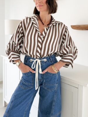 Chemise rayures larges marron viscose manches trois quarts