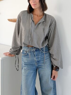 Blouse vichy choco manches longues froncées