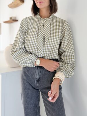 Chemise vichy kaki à nouer manches longues