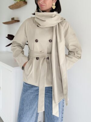 Trench court foulard amovible manches longues beige
