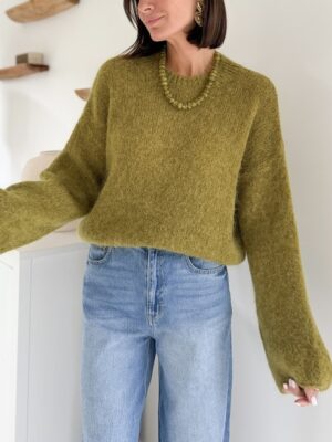 Pull en kid mohair olive Manches longues Encolure ronde