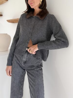 Gilet col fausse fourrure manches longues gris