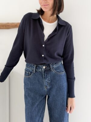 gilet col classique manches longues boutonné bleu marine