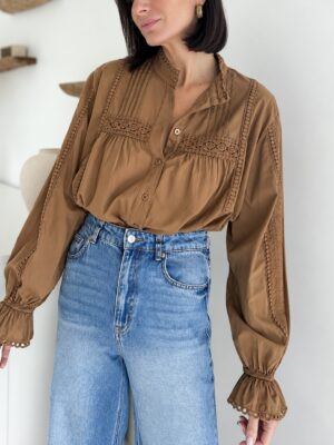 Chemise col montant brodés manches longues camel