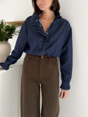 chemise bleu foncé col montant froncé manches longues